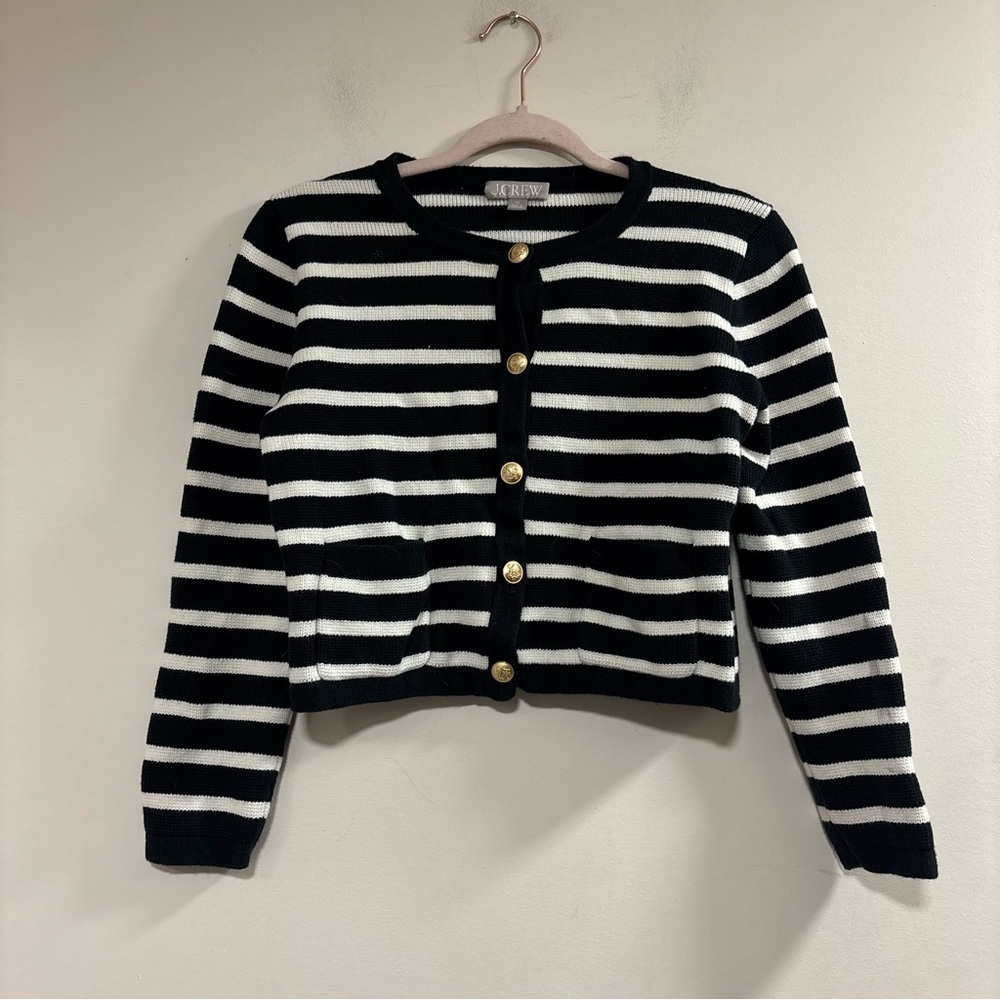 J. Crew Black and White Striped Sweater with Gold Button